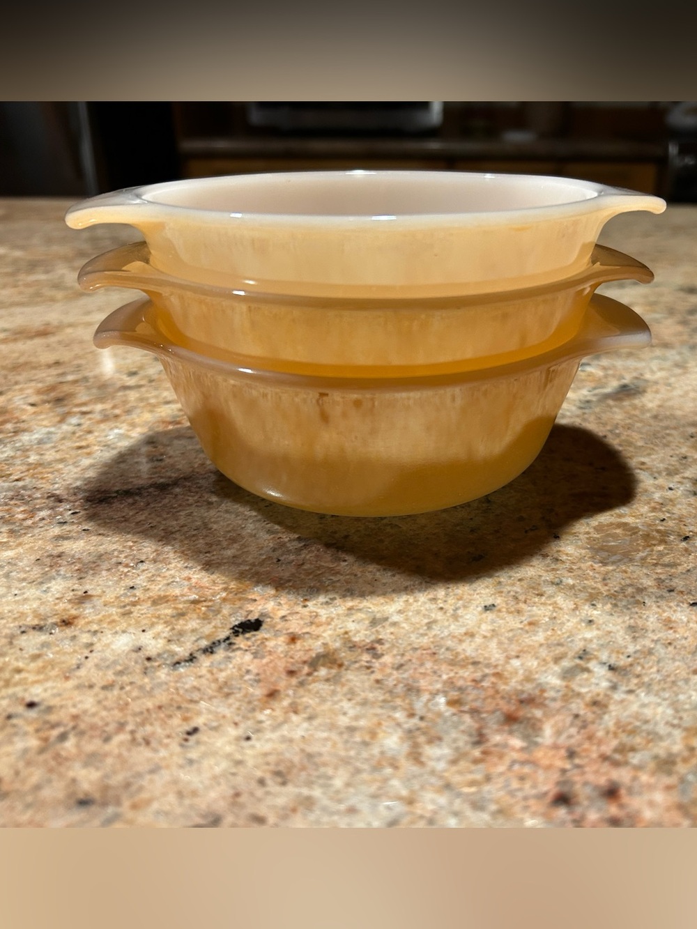 Anchor Hocking Fire King #472 Peach iridescent Lusterware 12oz Bake Set of (3)